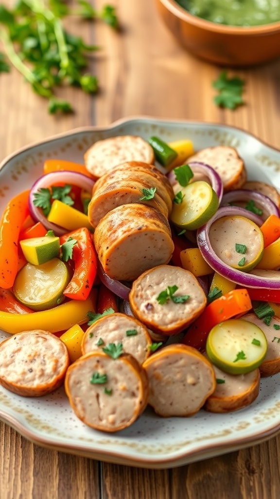 Air fryer chicken sausage and vegetables with bell peppers, zucchini, and onions on a rustic plate.